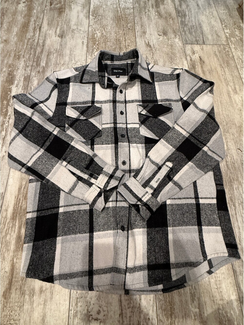 Old Pier M Black Gray Plaid Flannel Shirt Jacket Shacket